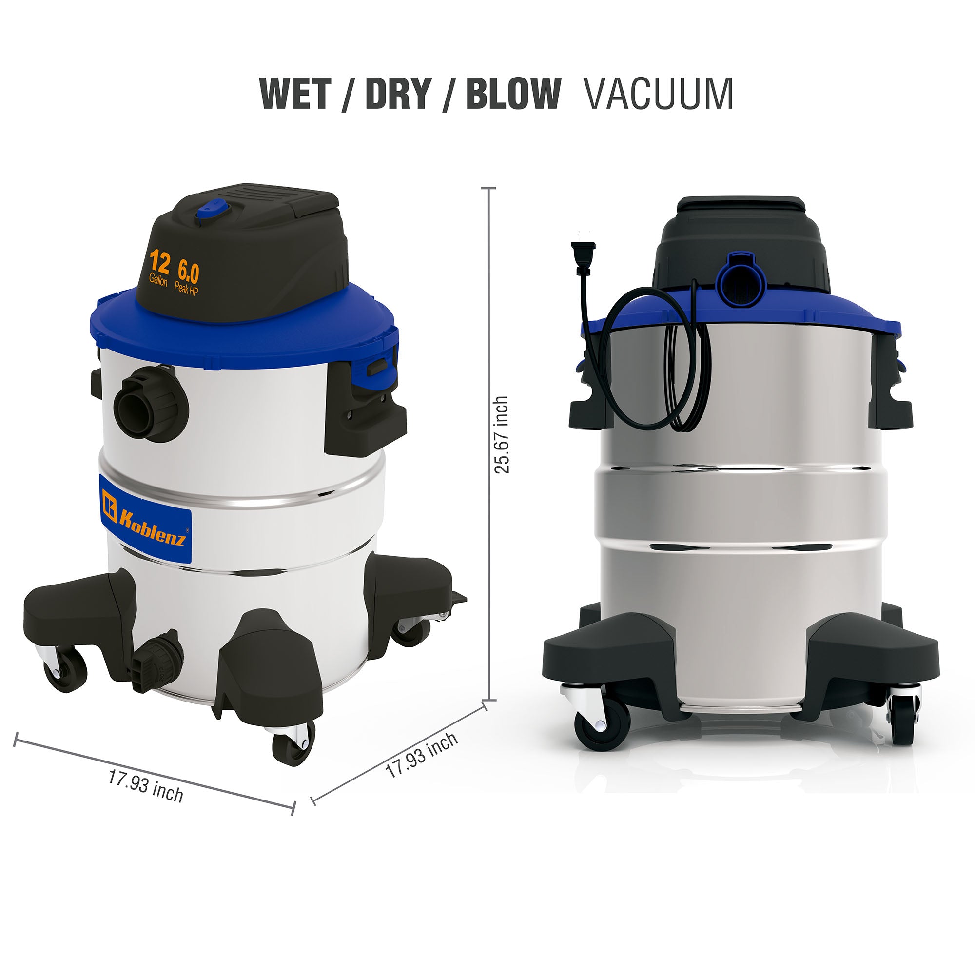 12 Gallon 6.0 PHP Stainless Steel Wet Dry Vacuum WD-12 L314 SS