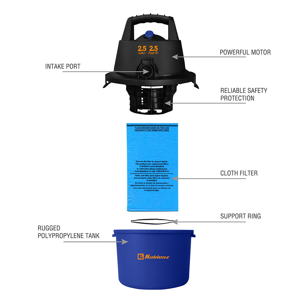 2.5 Gallon 2.5 PHP Portable Wet Dry Vacuum WD-2.5L