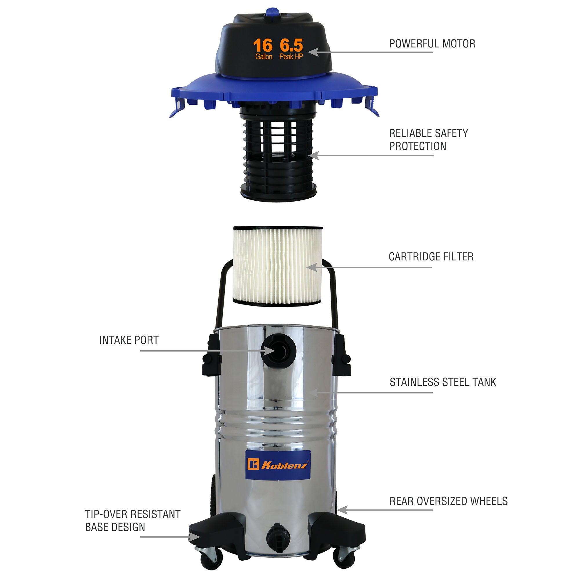 16 Gallon 6.5 PHP Stainless Steel Wet Dry Vacuum WD-16 L314 SSH